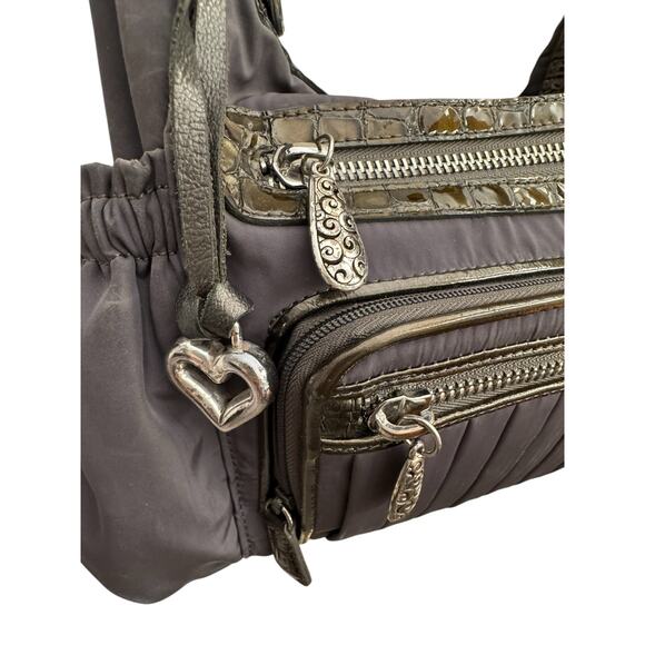 Vintage 00s Brighton Dark Gray Nylon & Crocodile Leather Trimmed Shoulder Bag - Picture 7 of 13